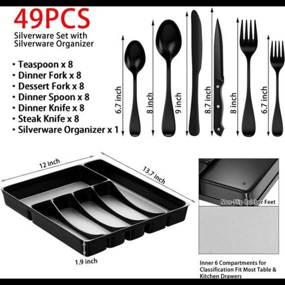 49-Piece Black Silverware Set with Drawer Organizer, Stainless Steel Cutlery - Picture 2 of 7